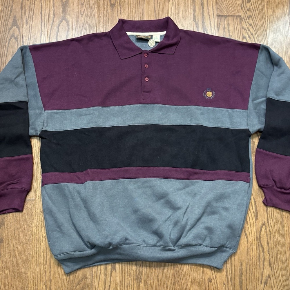 Vintage 90s Rugby Polo Shirt Striped Crest Embroidered Men's XL Acrylic Y2K